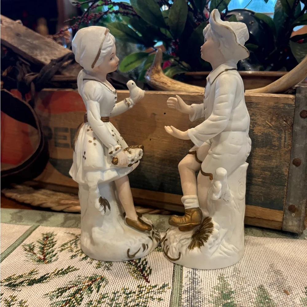 Vintage Bisque Porcelain Little Girl & Boy Figurines gold accents Made In Korea